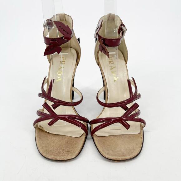 Prada Vintage S/S 1997 Beige Burgundy Leaf Detail Block Heel Sandal size IT 36.5 - Picture 6 of 13